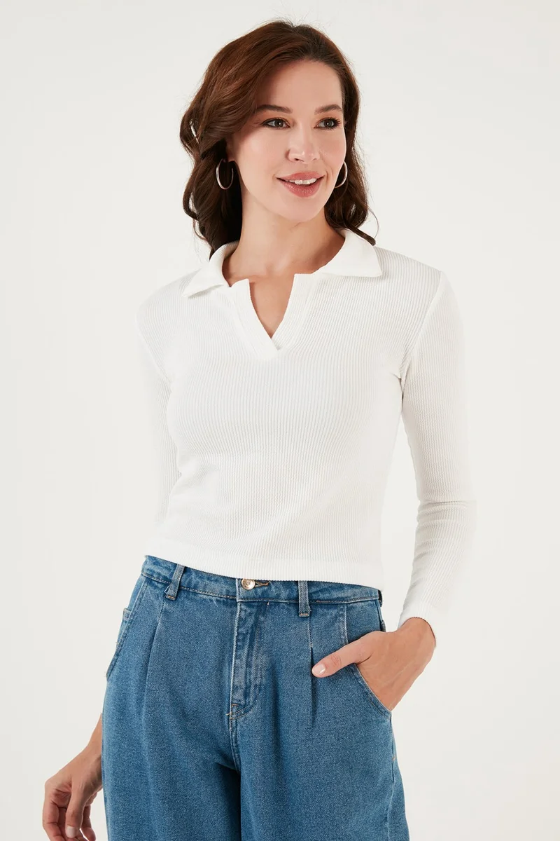 Lela Slim Cut Wrap Fabric Corded Polo Collar Blouse Women's Blouse 5865448