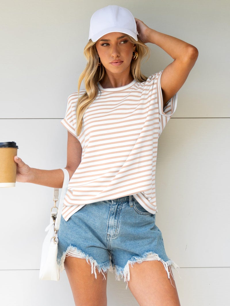 Glamaker Women Cap Sleeve Basic Tops Crewneck Striped Tee Shirts Summer Short Sleeve T-Shirt Casual Fashion Clothes 2026(Large,Khaki Striped) - Image 2
