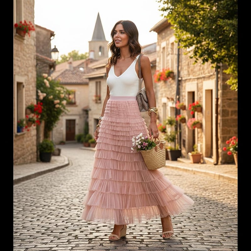 Mincib Womens Long Tulle Skirt A Line Ruffle Tiered Layered Skirts High Waisted Flowy Fairy Maxi Skirts Valentine's Day Gifts Outfit(Pink,M) - Image 2