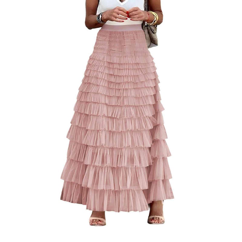 Mincib Womens Long Tulle Skirt A Line Ruffle Tiered Layered Skirts High Waisted Flowy Fairy Maxi Skirts Valentine's Day Gifts Outfit(Pink,M) - Image 1