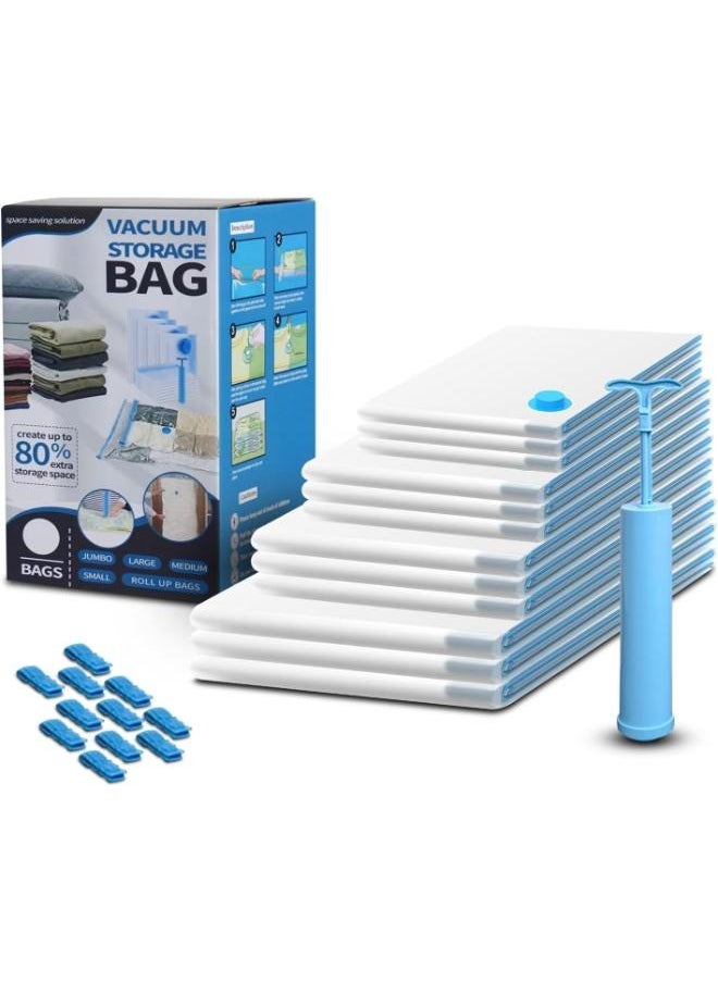 Eoptify Vacuum Storage Bags Pack of 12 (3 XL, 3 L, 3 M, 3 S) for Clothes, Compression Storage Bags with Hand Pump, Reusable Airtight Bags for Travel and Packing  - Image 1