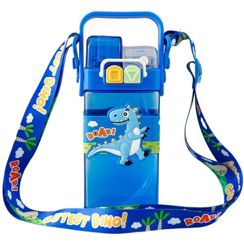 Elecart Dino Kid's Cartoon Water Bottle with Adjustable Strap – Cute Double Drinking Straw Cup | Leak-Proof, Portable Tumbler – 500ML – Perfect for School & Outdoor Fun (Dino) - Image 1