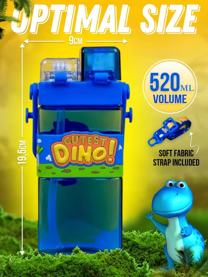 Elecart Dino Kid's Cartoon Water Bottle with Adjustable Strap – Cute Double Drinking Straw Cup | Leak-Proof, Portable Tumbler – 500ML – Perfect for School & Outdoor Fun (Dino) - Image 3