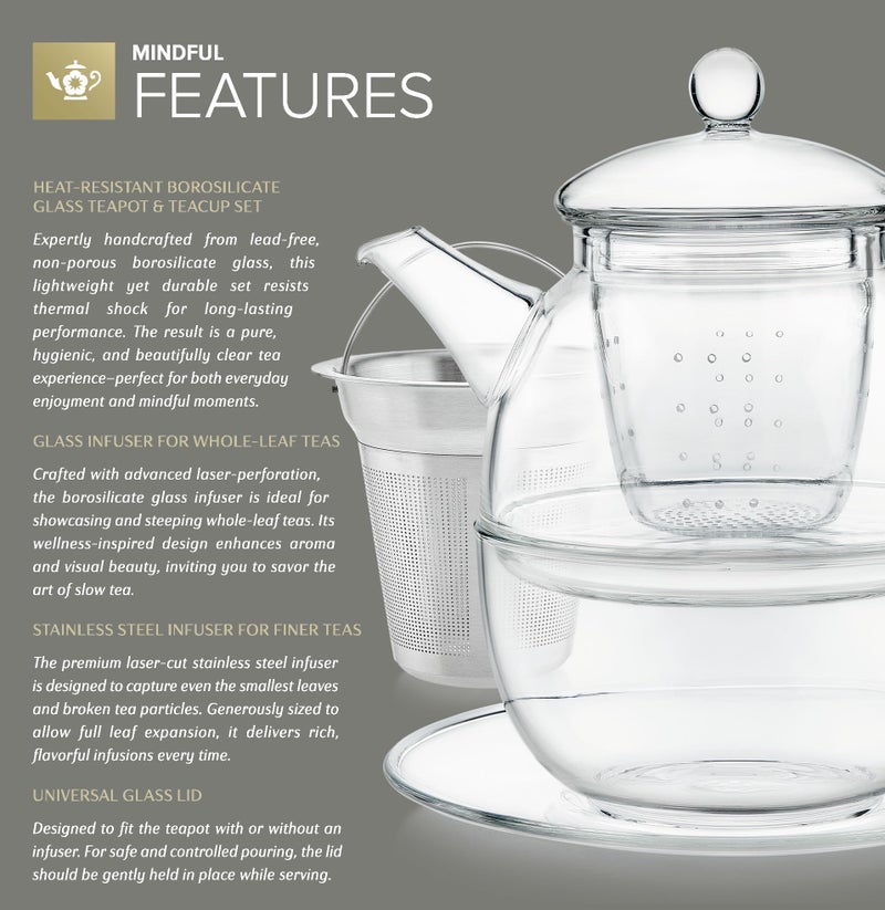 Teabloom Mindful Tea-for-One Set â€“ 5-Piece Glass Teapot, Matching Cup & Saucer, Borosilicate & Stainless Steel Infusers, Elegant Gift for Personal Tea Rituals - Image 4