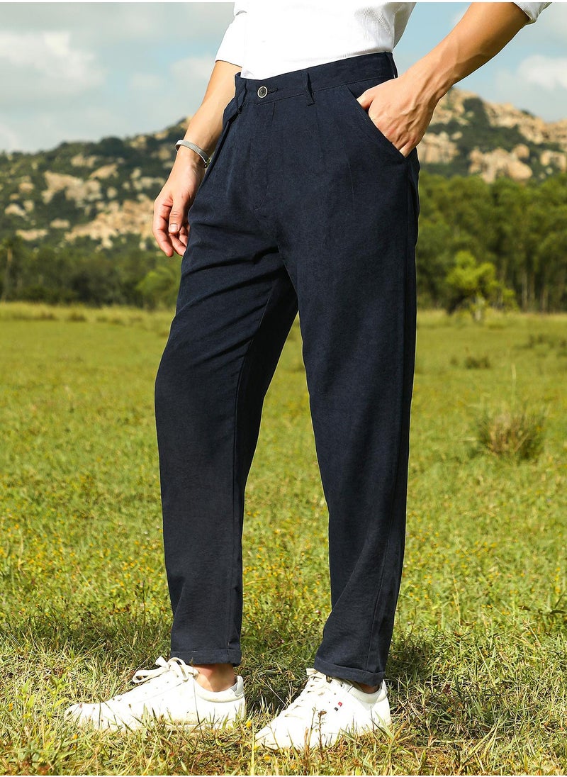 Campus Sutra Men's Prussian Blue Velvique Tailored Trousers  - Image 3