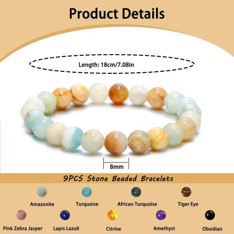 COLOYAN 9PCS Healing Crystal Bracelets for Women Men 8mm Natural Stone Beaded Stretch Bracelet Handmade Reiki Spiritual Jewelry - Image 2