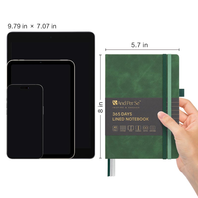 &And Per Se ⩓ Per Se 365 Page Journal â€“ A5 Hardcover Lined Notebook, One Book for the Whole Year, 100gsm Thick Paper, Numbered Pages & 3 Bookmarks, Annual Diary for Daily Writing (Green) - Image 2