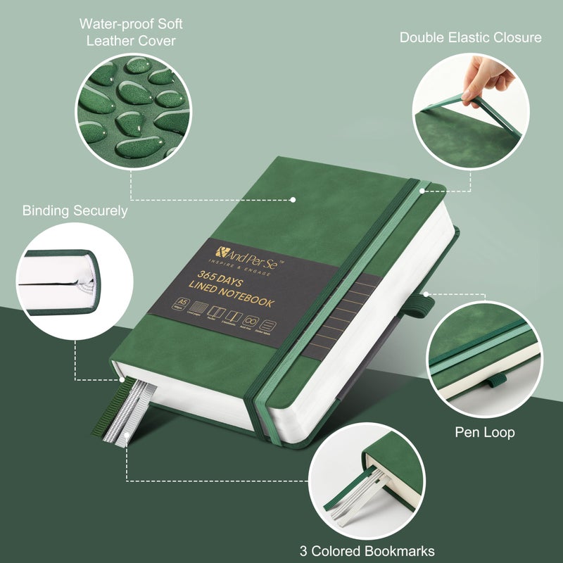 &And Per Se ⩓ Per Se 365 Page Journal â€“ A5 Hardcover Lined Notebook, One Book for the Whole Year, 100gsm Thick Paper, Numbered Pages & 3 Bookmarks, Annual Diary for Daily Writing (Green) - Image 3