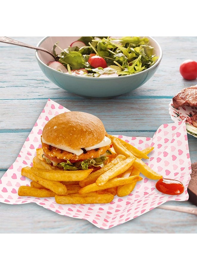 HS 50PCS Wax Baking Papers Disposable Oilproof Greaseproof Paper Sheets Square Food Packaging Wax Paper Food Tray Liners For Hamburger Cake Bread Sandwich, Heart Love Style  - Image 5