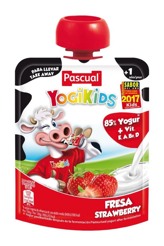 Pascual Yogikids Strawberry Yogurt Pouch 80g | Long-Life Pasteurized Yogurt for Kids | High in Calcium & Protein | Made with Spanish Milk