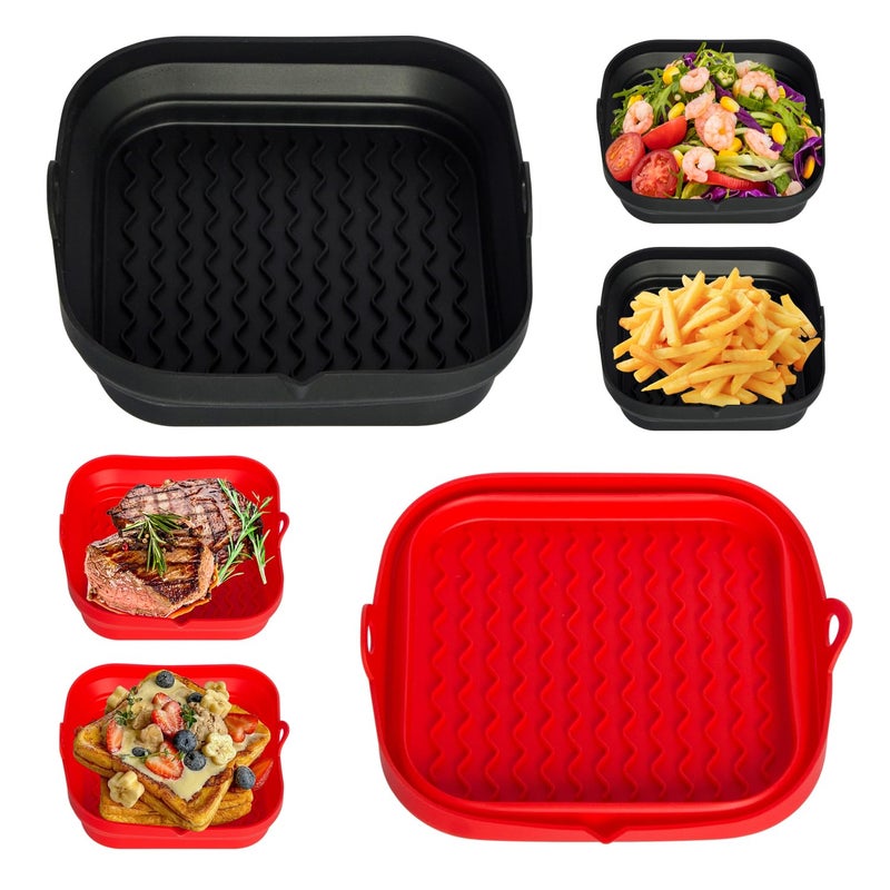 Silicone Air Fryer Liners Square 2 Pack, Reusable Collapsible Dishwasher Safe Stackable Basket for Air Fryers(One Red and One Black)