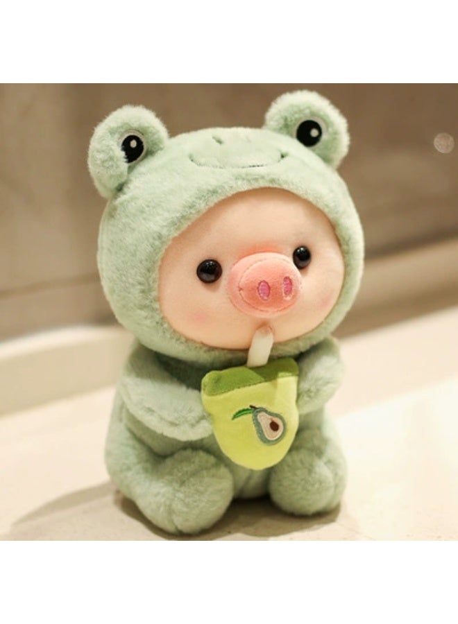 Cute Avocado Frog Pig Plush Toy, Soft Stuffed Animal in Frog Hood, Kawaii Pig Doll with Drink Cup, Perfect Gift for Kids & Girls, 25cm