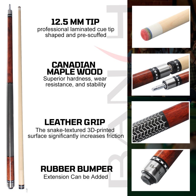 Banly Billiard Cues Sticks - 58" Pro Taper Canadian Maple Wood Pool Cues, 12.5mm Tip Low-Deflection Cue Stick, Pool Stick for Precision Control in 9-Ball & Competitive Play - Brown - Image 3