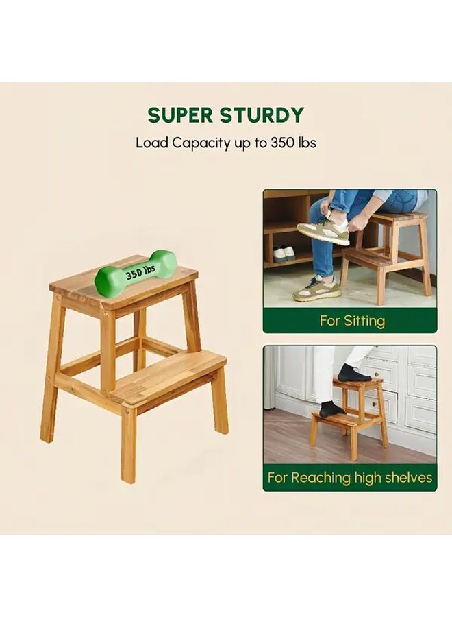 2 Step Wood Stool Heavy Duty 350 lbs Non Slip A Frame Design with Handle for Bathroom Kitchen Home - Image 5