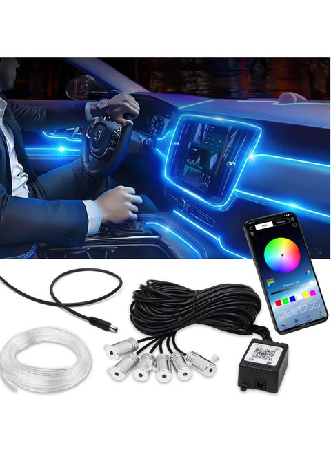 Car LED Interior Strip Light, 16 Million Colors 6 in 1 with 6M Fiber Optic, Multicolor RGB Sound Active Automobile Atmosphere Ambient Lighting Kit - Wireless Bluetooth APP Control