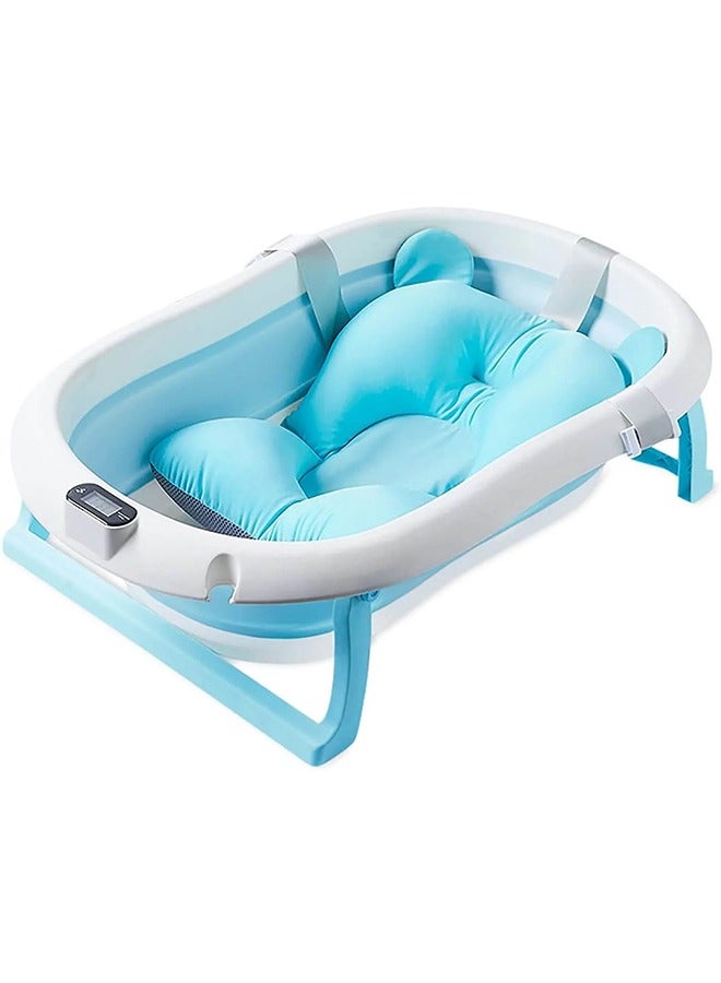 Foldable Baby Bathtub and Thermometer, Suitable for Newborns to Toddlers 0-36 Months - Blue/White ( without Floating Cushion )