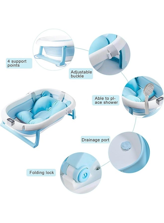 Foldable Baby Bathtub and Thermometer, Suitable for Newborns to Toddlers 0-36 Months - Blue/White ( without Floating Cushion )