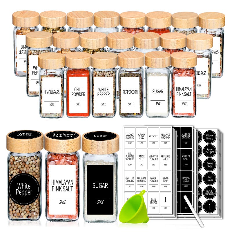 Churboro 24 Spice Jars with Labels  Bamboo Lids  4 Oz Glass Containers with Shaker Lids 547 Spice Labels of 3 Different Types Seasoning Jars for Spice Rack Cabinet or Drawer