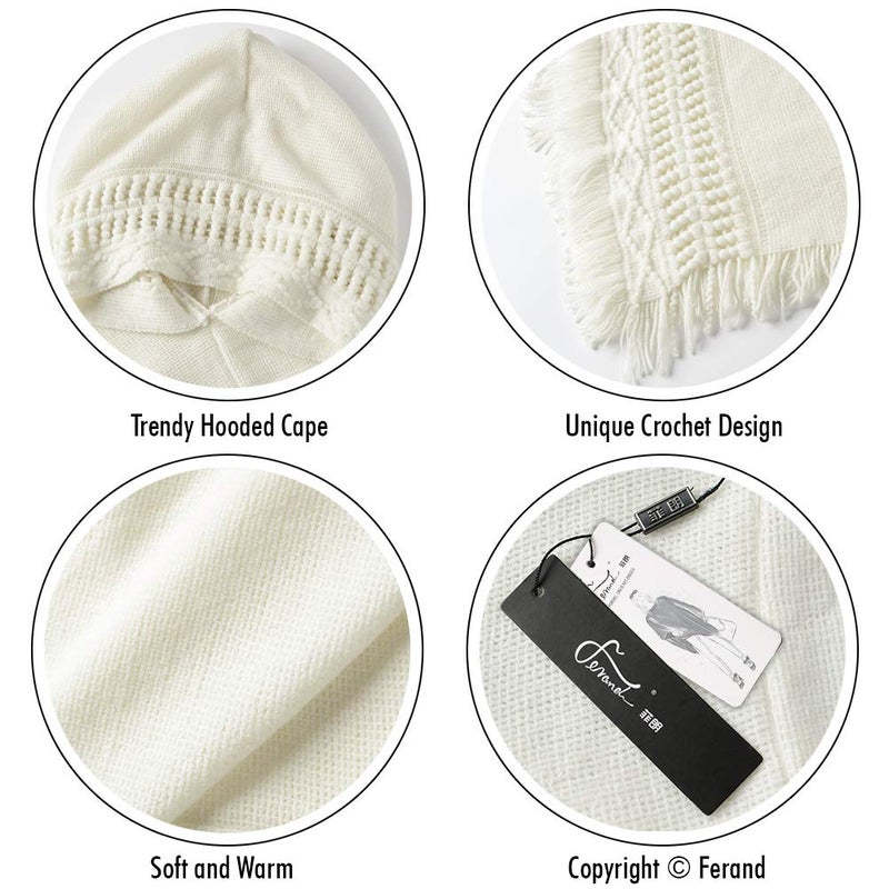 Ferand Ladies' Hooded Cape with Fringed Hem, Crochet Poncho Knitting Patterns for Women, White - Image 4
