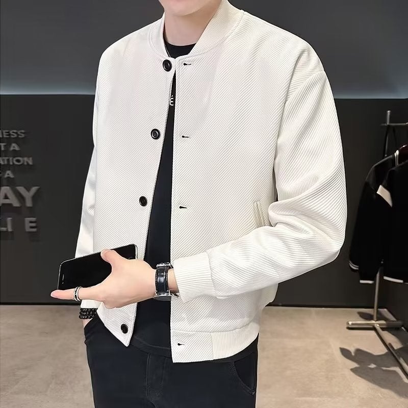 Light Mature Style Boys Pure Color Simple Commuter Baseball Jacket Simple High-End Korean Style Knitted Twill Short Jacket - Image 3