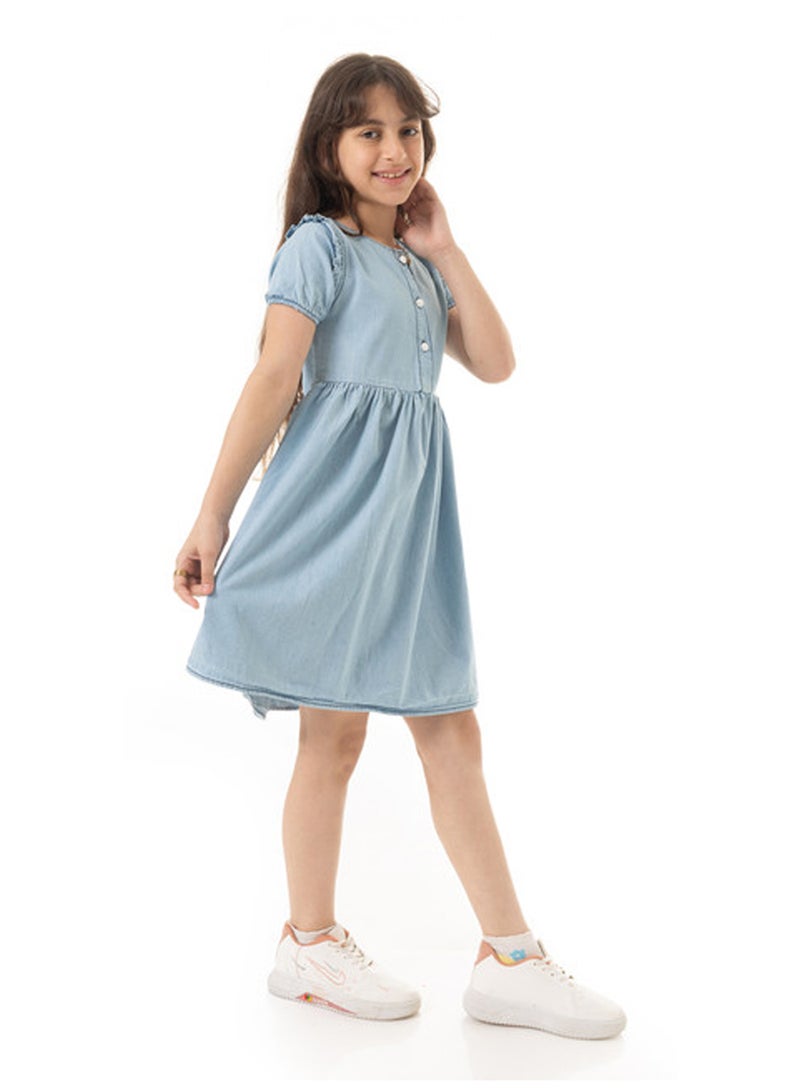 Andora Puffed Sleeves Girls Denim Dress - Light Blue - Image 3