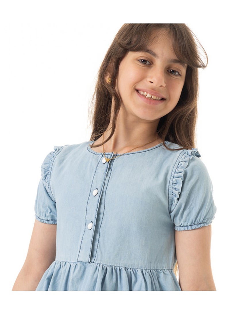 Andora Puffed Sleeves Girls Denim Dress - Light Blue - Image 4