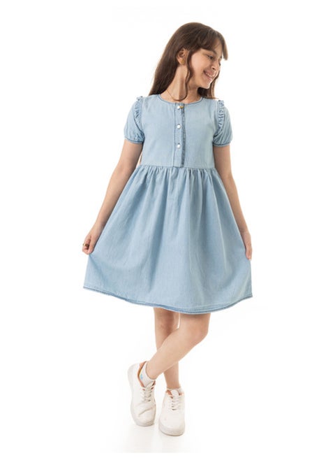 Puffed Sleeves Girls Denim Dress - Light Blue