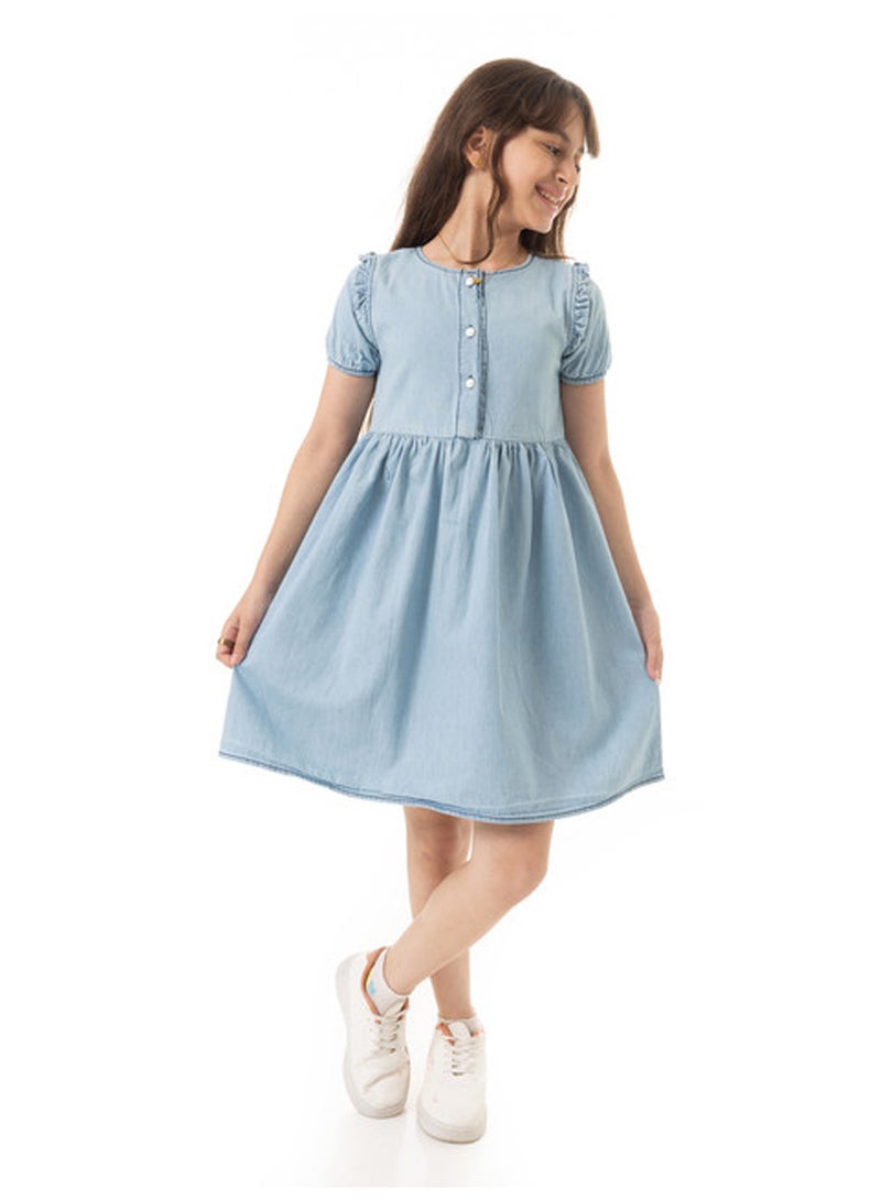 Andora Puffed Sleeves Girls Denim Dress - Light Blue - Image 1
