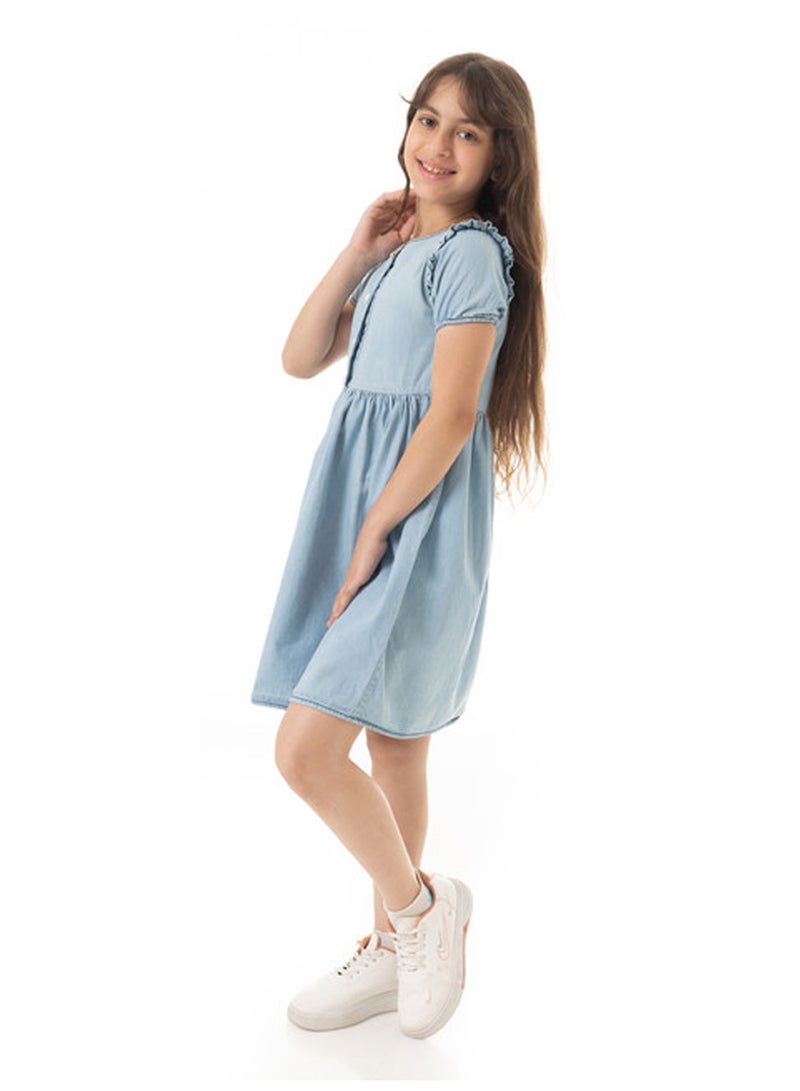Andora Puffed Sleeves Girls Denim Dress - Light Blue - Image 2