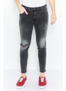 Men Skinny Fit Ripped Stretchable Jeans, Washed Black