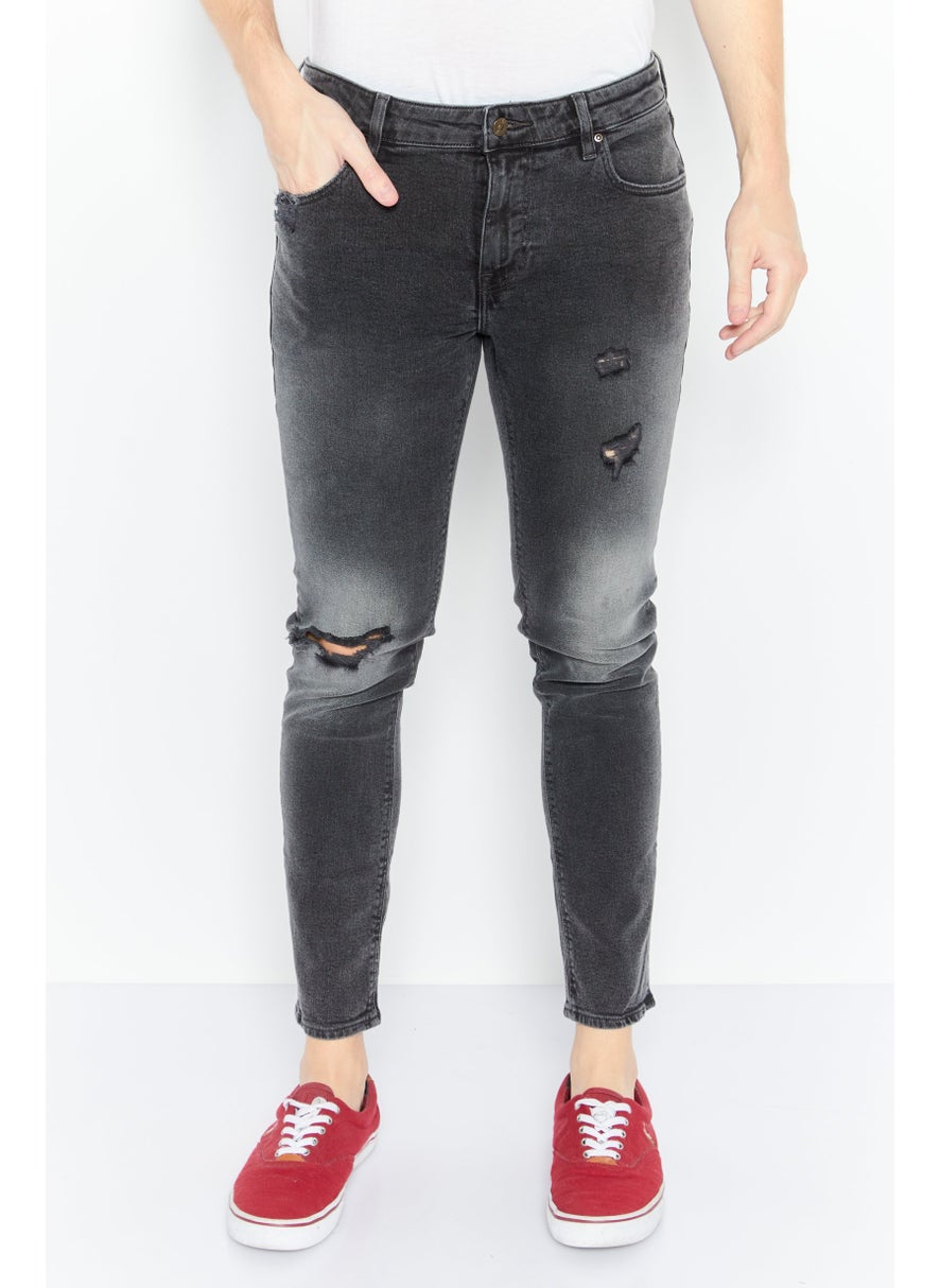 Asos Design - Men Skinny Fit Ripped Stretchable Jeans, Washed Black - Image 1