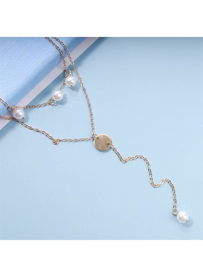 Yheakne Boho Layered Disc Pearl Necklace Gold Coin Pendant Necklace Long Y Lariat Necklace Chain Vintage Pearl Dangle Chain Necklace Jewelry for Women and Girls Gifts - Image 2