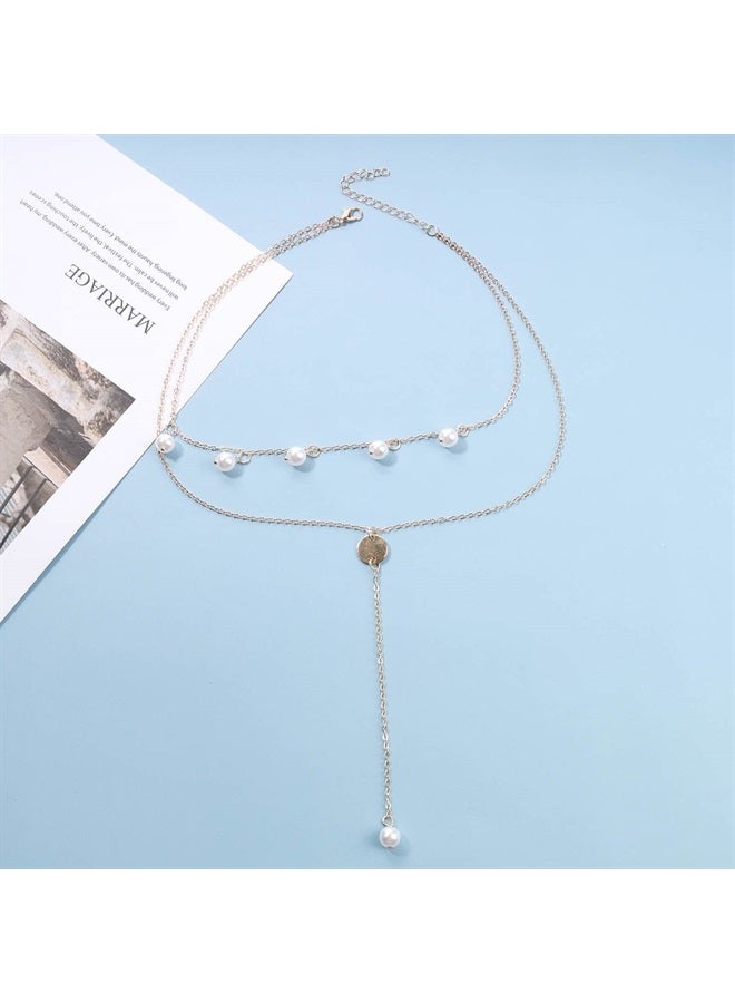 Yheakne Boho Layered Disc Pearl Necklace Gold Coin Pendant Necklace Long Y Lariat Necklace Chain Vintage Pearl Dangle Chain Necklace Jewelry for Women and Girls Gifts - Image 1