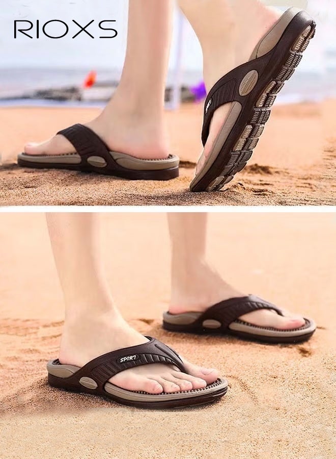 RIOXS Men's Flip Flops, Lightweight Anti-Slip Beach Sandals for Men, Comfortable Shower Slippers with Arch Support, Slip on Massage Slippers Summer Flat Sandals for Indoor or Outdoor Use, Bathing and Stress Relief, Brown - Image 3