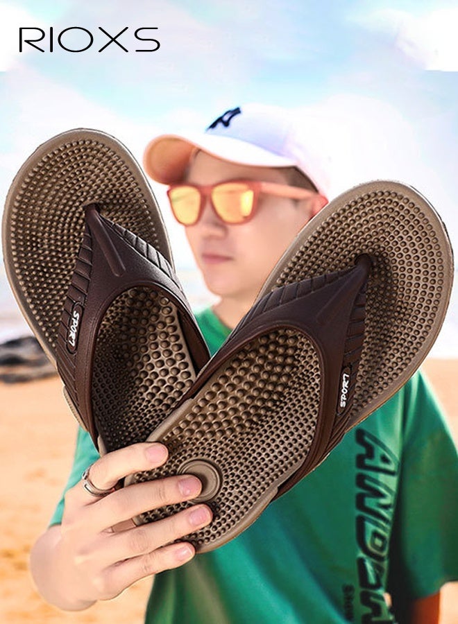 ريوكس شبشب رجالي، صنادل شاطئ خفيفة الوزن ومضادة للانزلاق للرجال، شبشب دش مريح مع دعامة قوس القدم، شبشب تدليك سهل الارتداء، صنادل مسطحة صيفية للاستخدام الداخلي أو الخارجي، للاستحمام وتخفيف التوتر، بني - Image 2