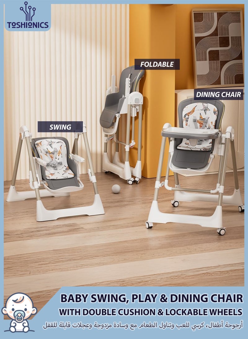 Toshionics 3-in-1 Baby Swing & Feeding High Chair – Adjustable Height & Recline, Dual Trays with Bottle and Tablet Slot, BPA-Free, 5-Point Safety Harness, Lockable Wheels – Baby to Toddler Chair - Image 1