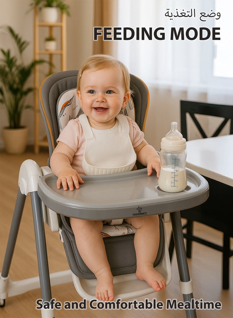 Toshionics 3-in-1 Baby Swing & Feeding High Chair – Adjustable Height & Recline, Dual Trays with Bottle and Tablet Slot, BPA-Free, 5-Point Safety Harness, Lockable Wheels – Baby to Toddler Chair - Image 2