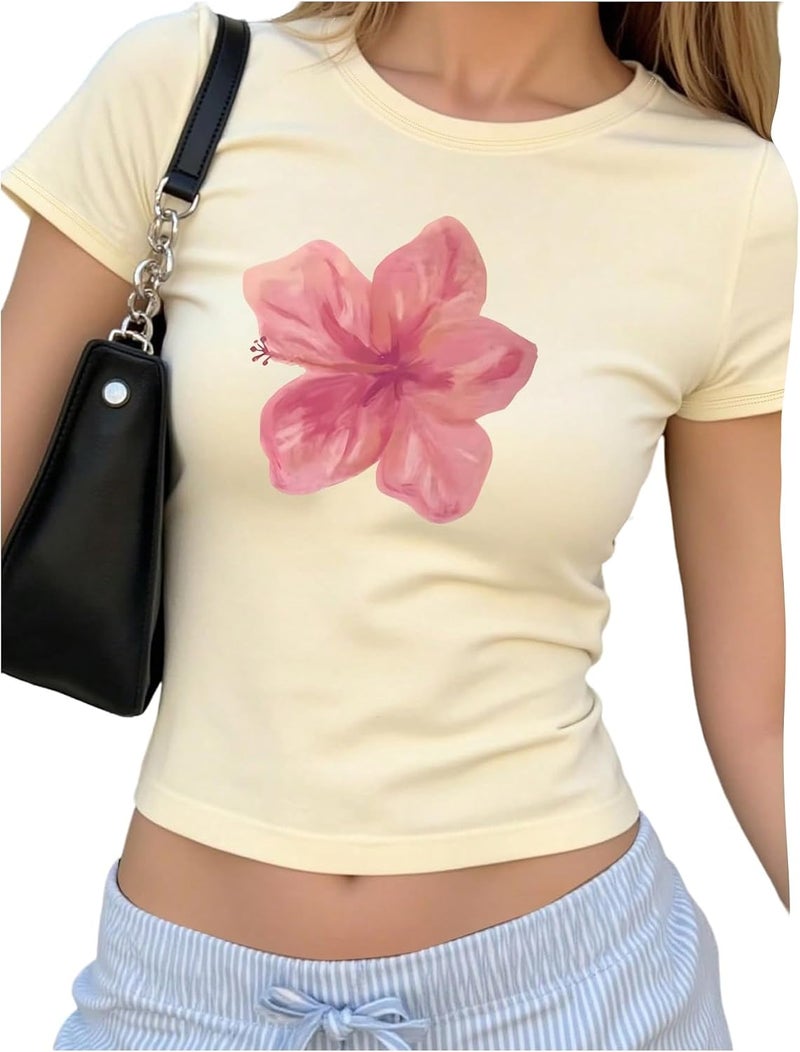 RoseSeek Floral Graphic Crop Tops for Girls Short Sleeve Slim fit Preppy Summer T Shirt Y2k Tops Trendy - Image 1