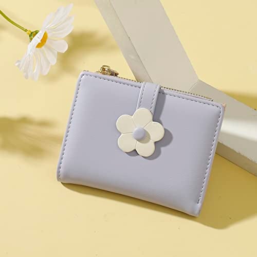 MEISEE Small Wallet for Girls Women Tri-folded Wallet Cash Pocket flowers Print Card Holder Coin Purse with ID Window elegant youthful and cute (2-purple - Image 2