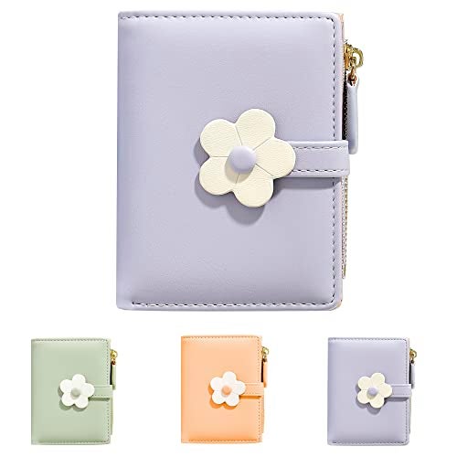 MEISEE Small Wallet for Girls Women Tri-folded Wallet Cash Pocket flowers Print Card Holder Coin Purse with ID Window elegant youthful and cute (2-purple - Image 1