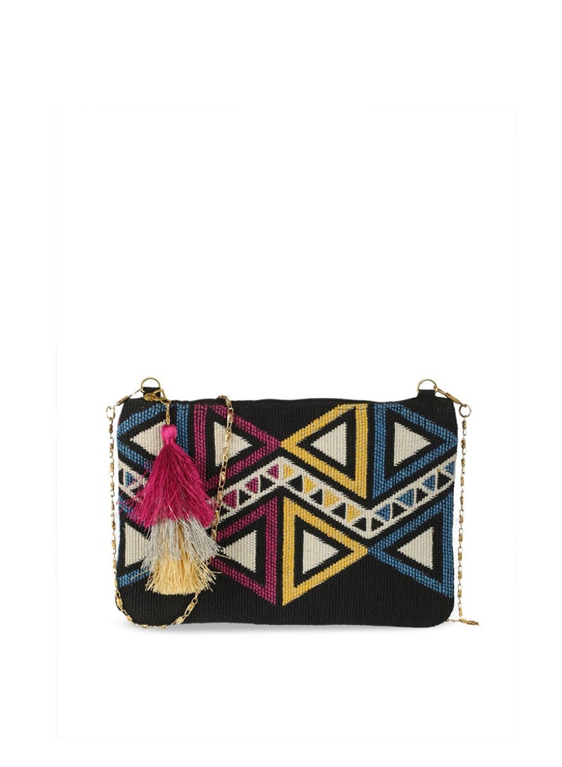 Priyaasi Black Geometric Sling Bag with Tasselled  - Image 2