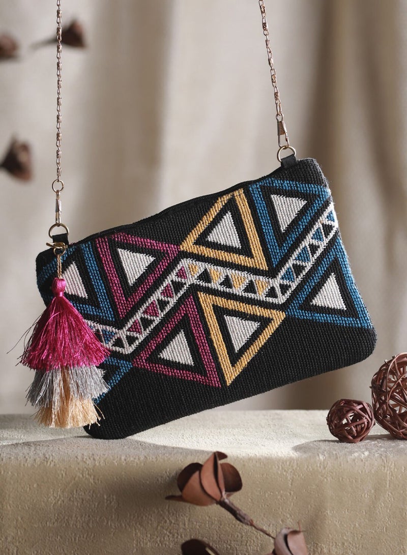 Priyaasi Black Geometric Sling Bag with Tasselled  - Image 1