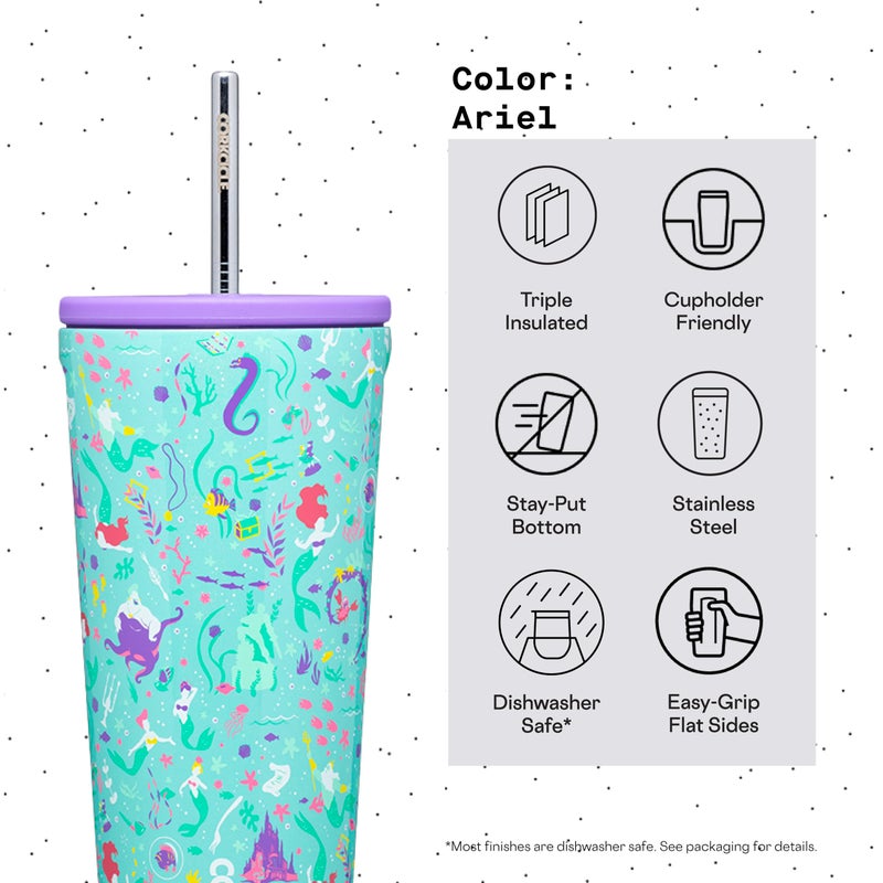 Corkcicle x Disney Princess Ariel Cold Cup Insulated Tumbler with Lid and Straw, 24 oz – Reusable Water Bottle Keeps Beverages Cold 12hrs, Hot 5hrs – Cupholder Friendly, Lid for Flexible Sipping - Image 4