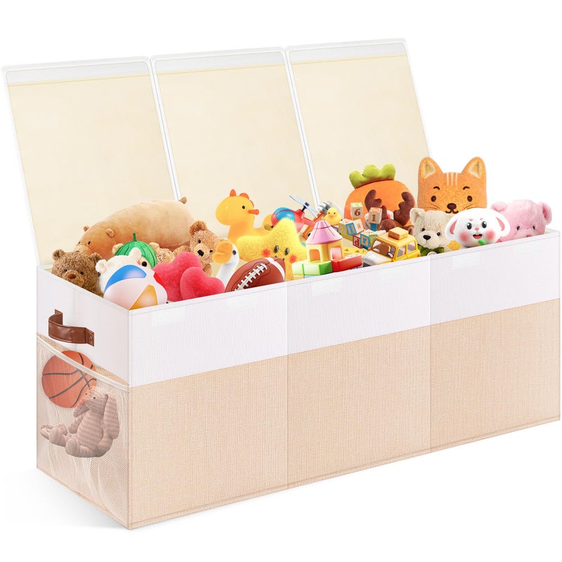 Mabahoo Extra Large Toy Storage Box with Lid, Collapsible Sturdy Toy Chest Storage Organizer Bin Basket with Divider for Kids, Boys, Girls, Closet, Playroom, Bedroom, Nursery, 40"X14"X16", Beige & White - Image 1