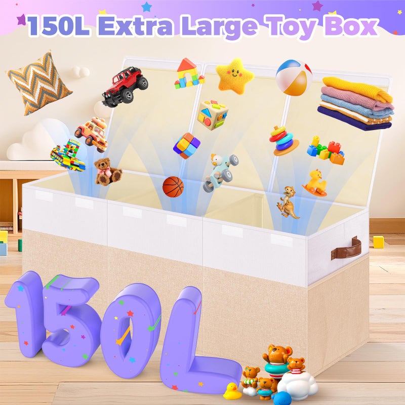 Mabahoo Extra Large Toy Storage Box with Lid, Collapsible Sturdy Toy Chest Storage Organizer Bin Basket with Divider for Kids, Boys, Girls, Closet, Playroom, Bedroom, Nursery, 40"X14"X16", Beige & White - Image 2