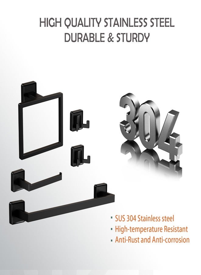 Beelee 5-Piece Bathroom Hardware Set, Modern Square Black SUS304 Stainless Steel Wall Mounted Accessories for Bathroom & Toilet, Includes Towel Bar, Ring, Toilet Paper Holder and Double Hooks - Image 5