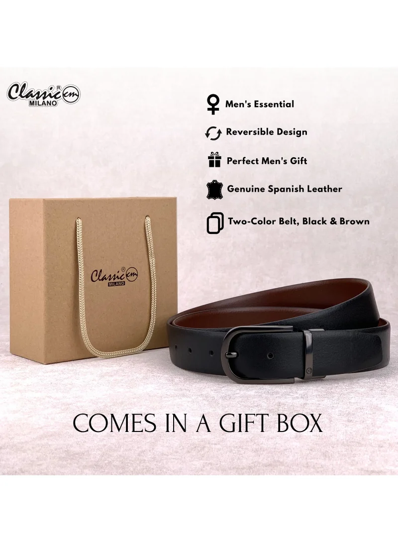 Classic Milano Black Brown (ALCE) Classic Milano Spanish Genuine Leather Reversible Belt for Men, Premium Formal Leather Belt with Reversible Pin Buckle, Elegant Men's Belt for Business Wear, Office, Wedding and Special Occasions | 2 in 1 Belt (Pack of 1) for Men | Best Price UAE