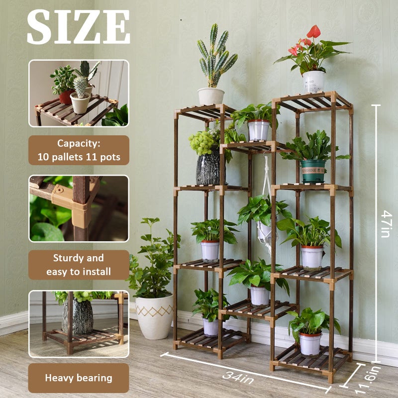 Uneedem Plant Stand Indoor Outdoor, Tall Plant Shelf for Multiple Plants, 10 tiers 11 Pot Large Plants Holder Rack Wood Plant Shelves for Room Corner Balcony Garden Patio - Image 3