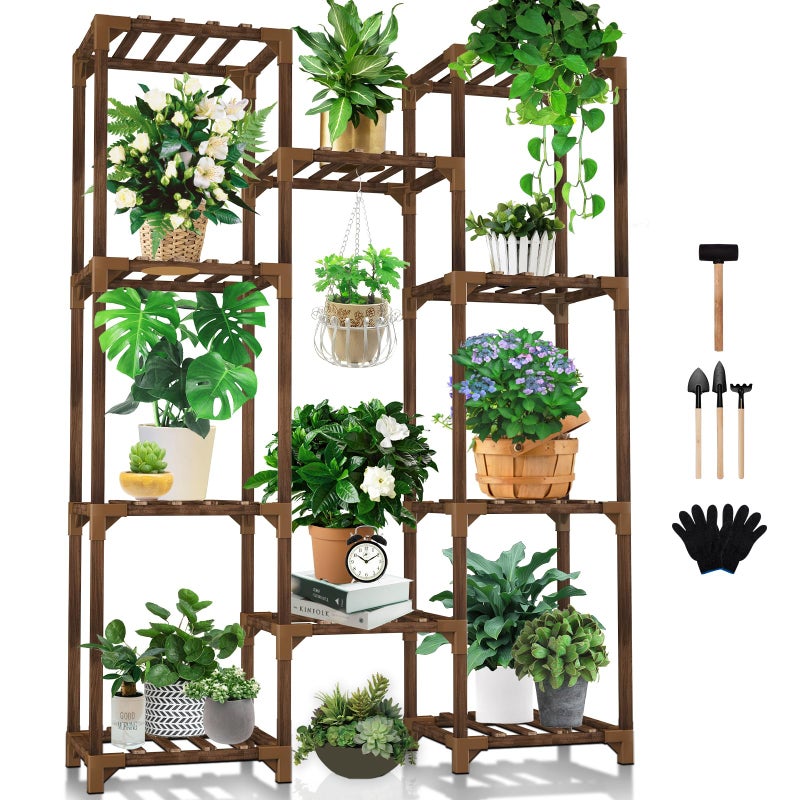 Uneedem Plant Stand Indoor Outdoor, Tall Plant Shelf for Multiple Plants, 10 tiers 11 Pot Large Plants Holder Rack Wood Plant Shelves for Room Corner Balcony Garden Patio - Image 1