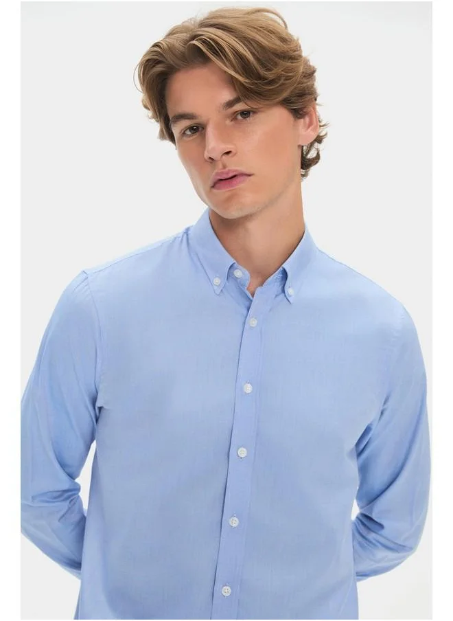 جون June Men 100% Cotton Oxford Long Sleeve Shirt Blue